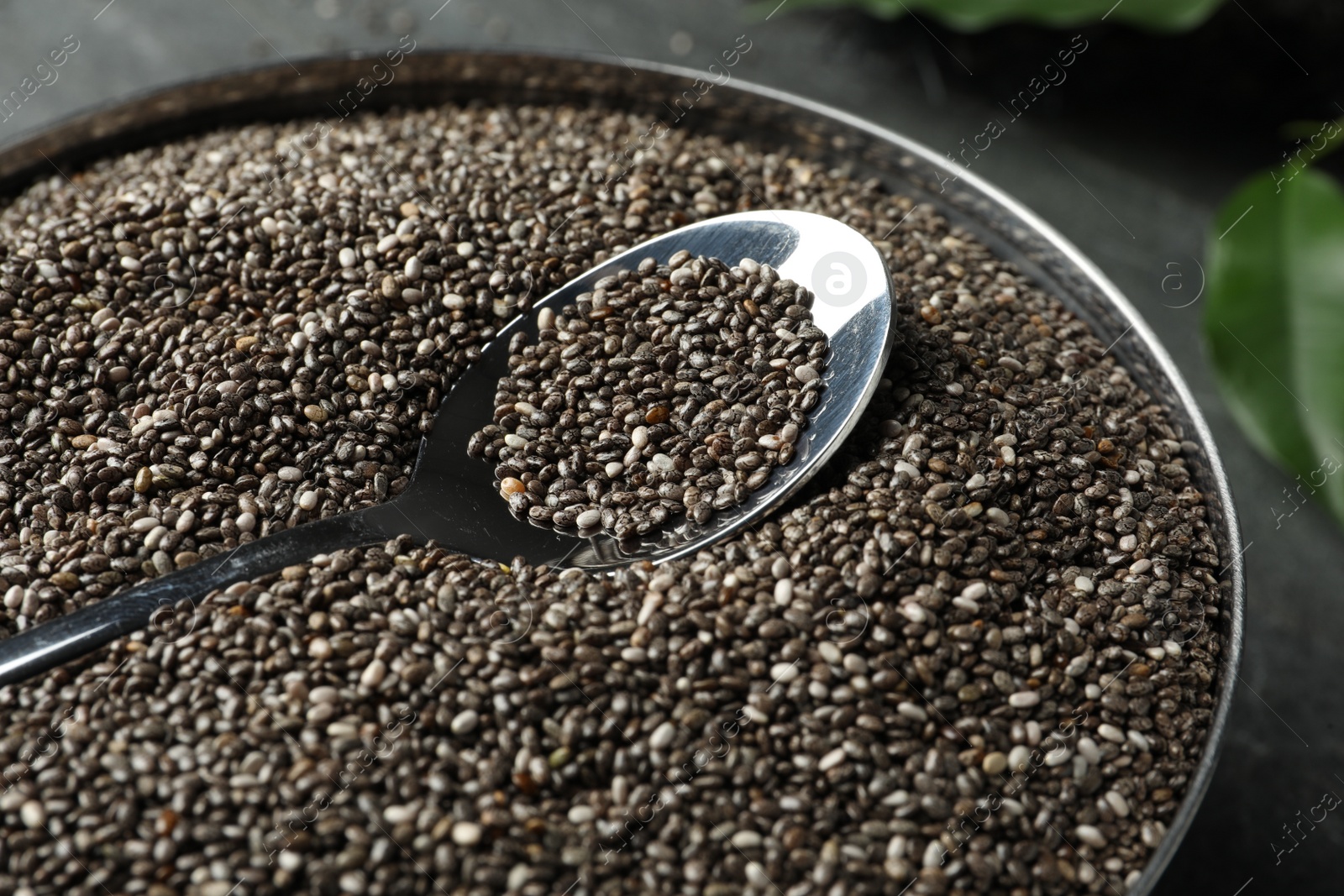 Photo of Metal bowl with chia seeds and spoon, closeup