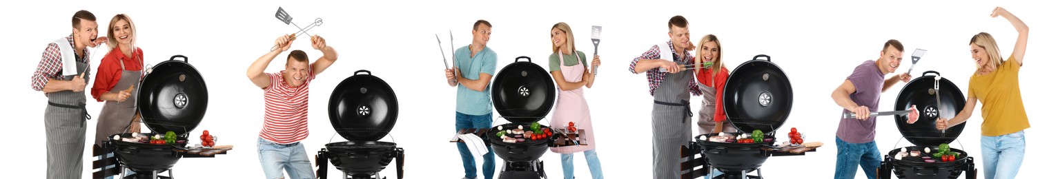 Image of Collage with photos of man and woman cooking on barbecue grill against white background. Banner design