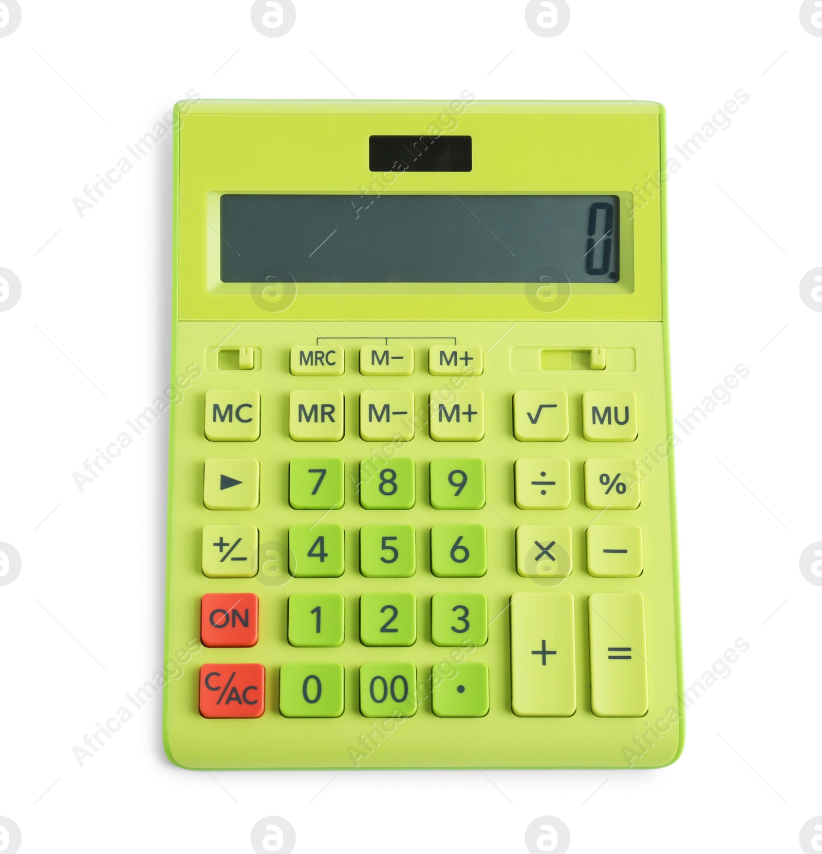 Photo of Green calculator on white background, top view