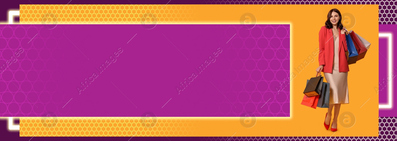 Image of Sale banner or flyer design. Beautiful young woman with paper shopping bags on color background, space for text