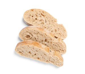 Cut ciabatta on white background, top view. Delicious bread