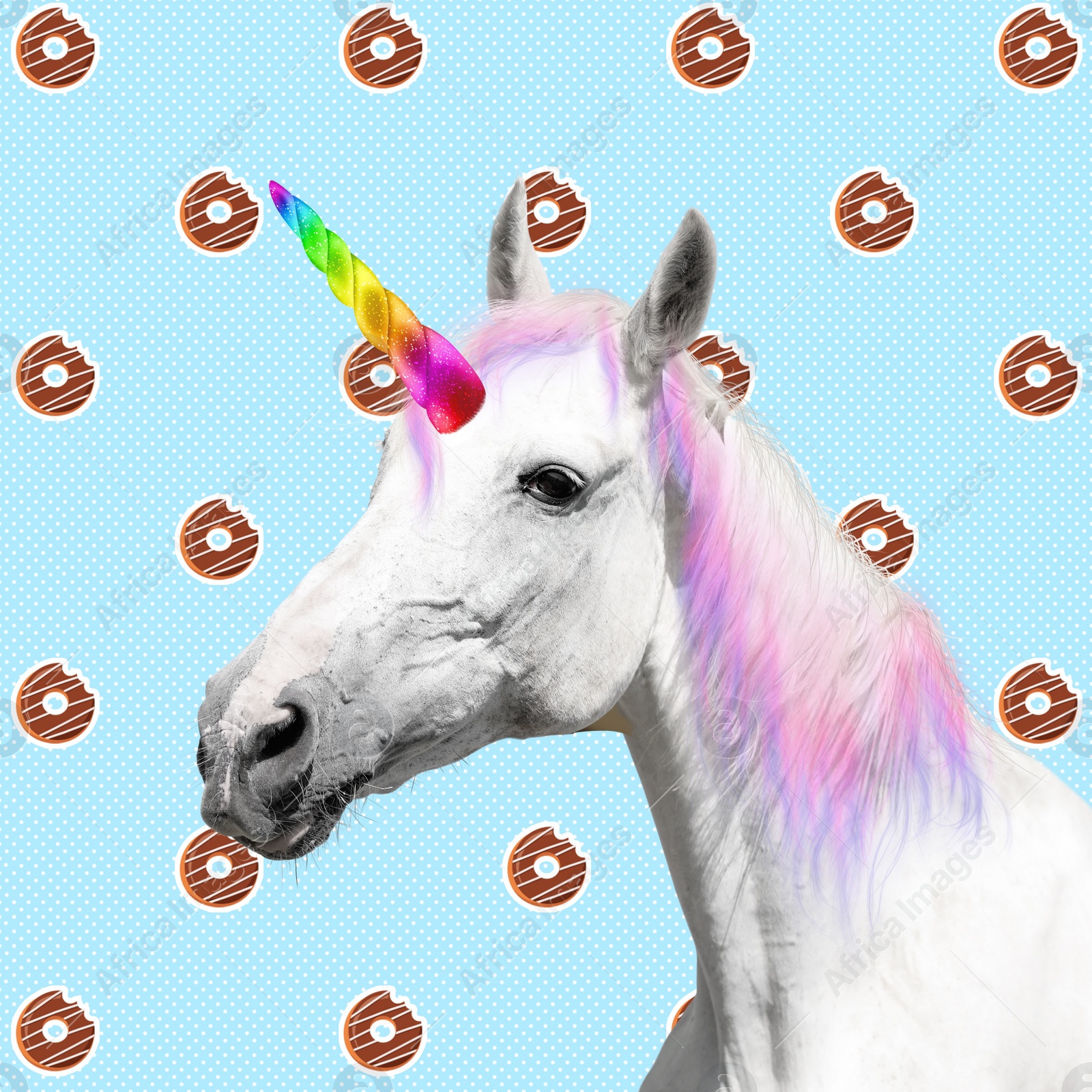 Image of Trendy art collage. Beautiful unicorn on color background