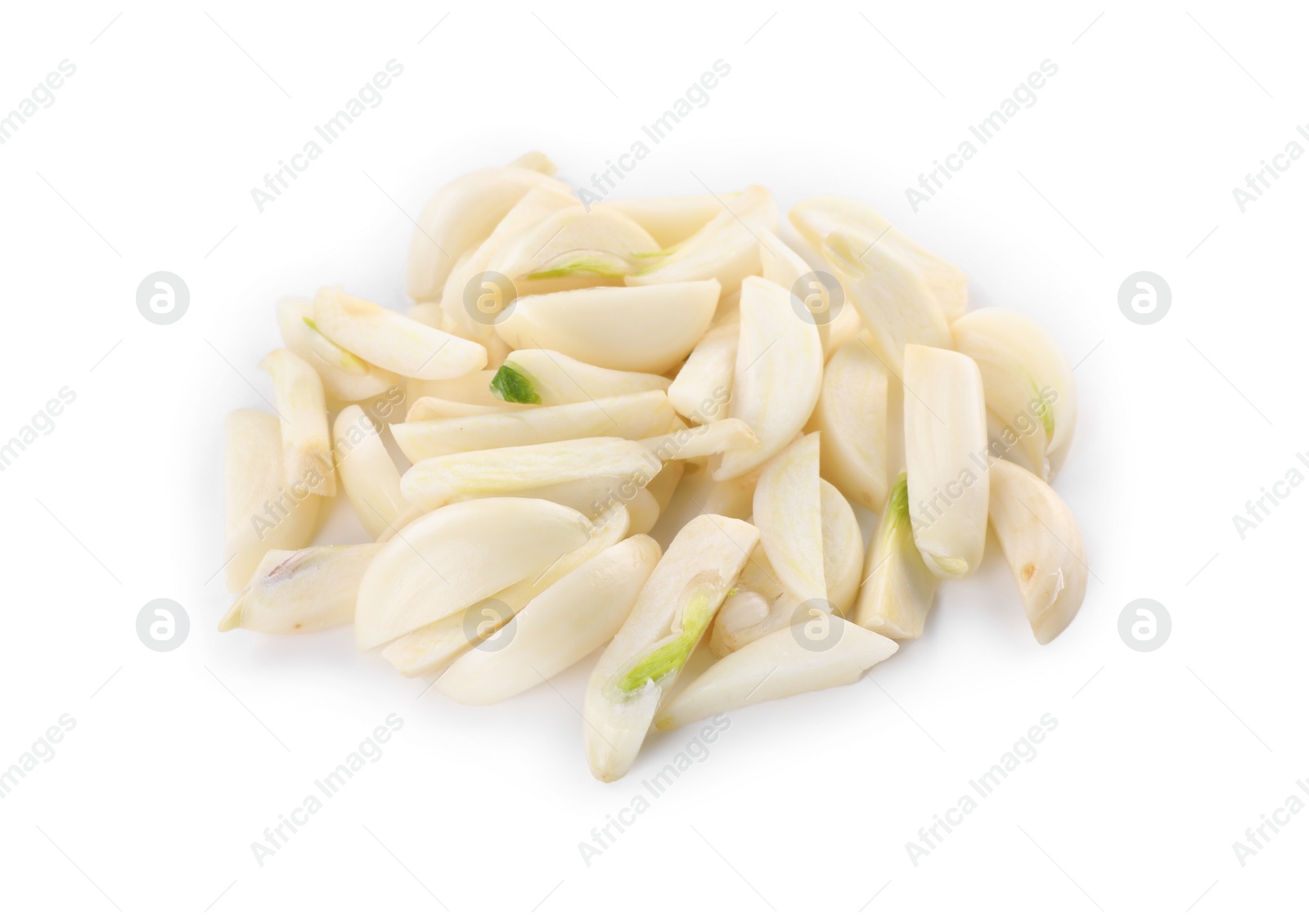 Photo of Peeled cloves of fresh garlic isolated on white