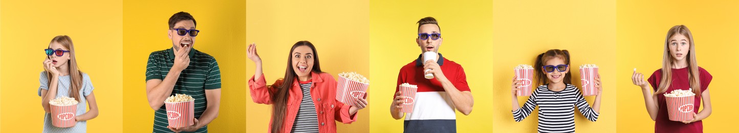 Cinema visiting. Collage with photos of different people on yellow background, banner design
