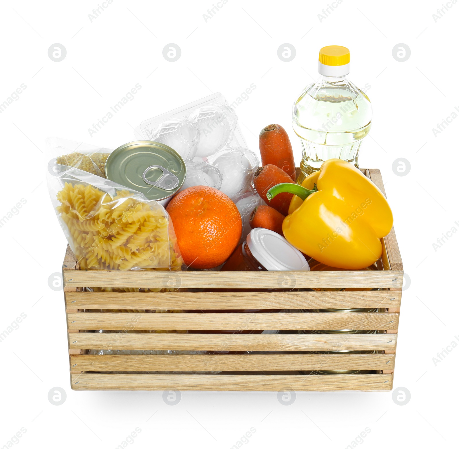 Photo of Wooden crate with donation food isolated on white