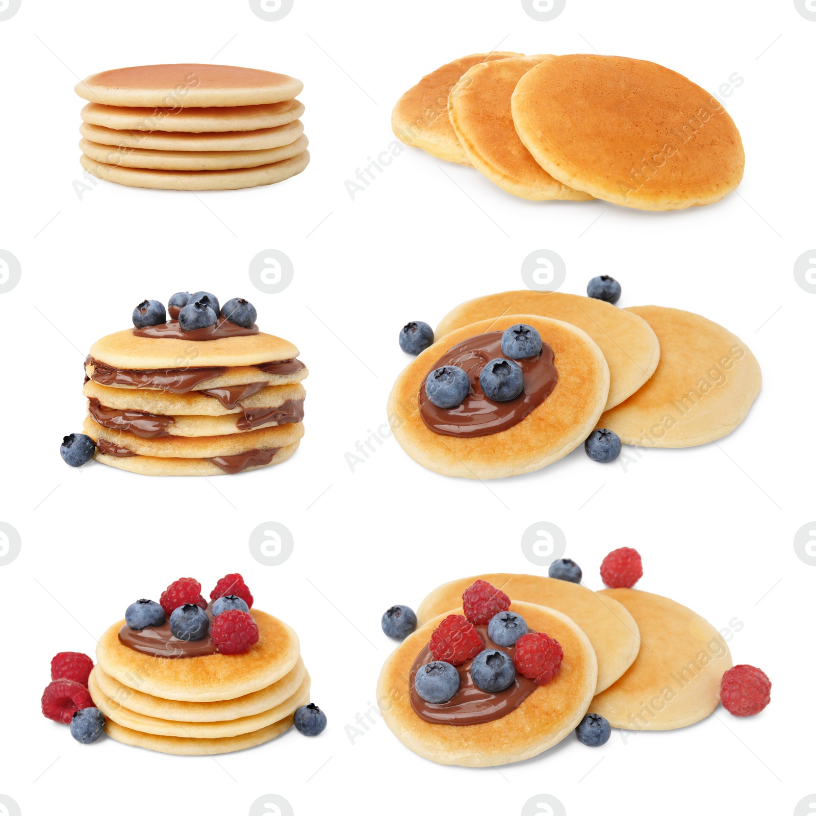 Image of Set of tasty pancakes isolated on white