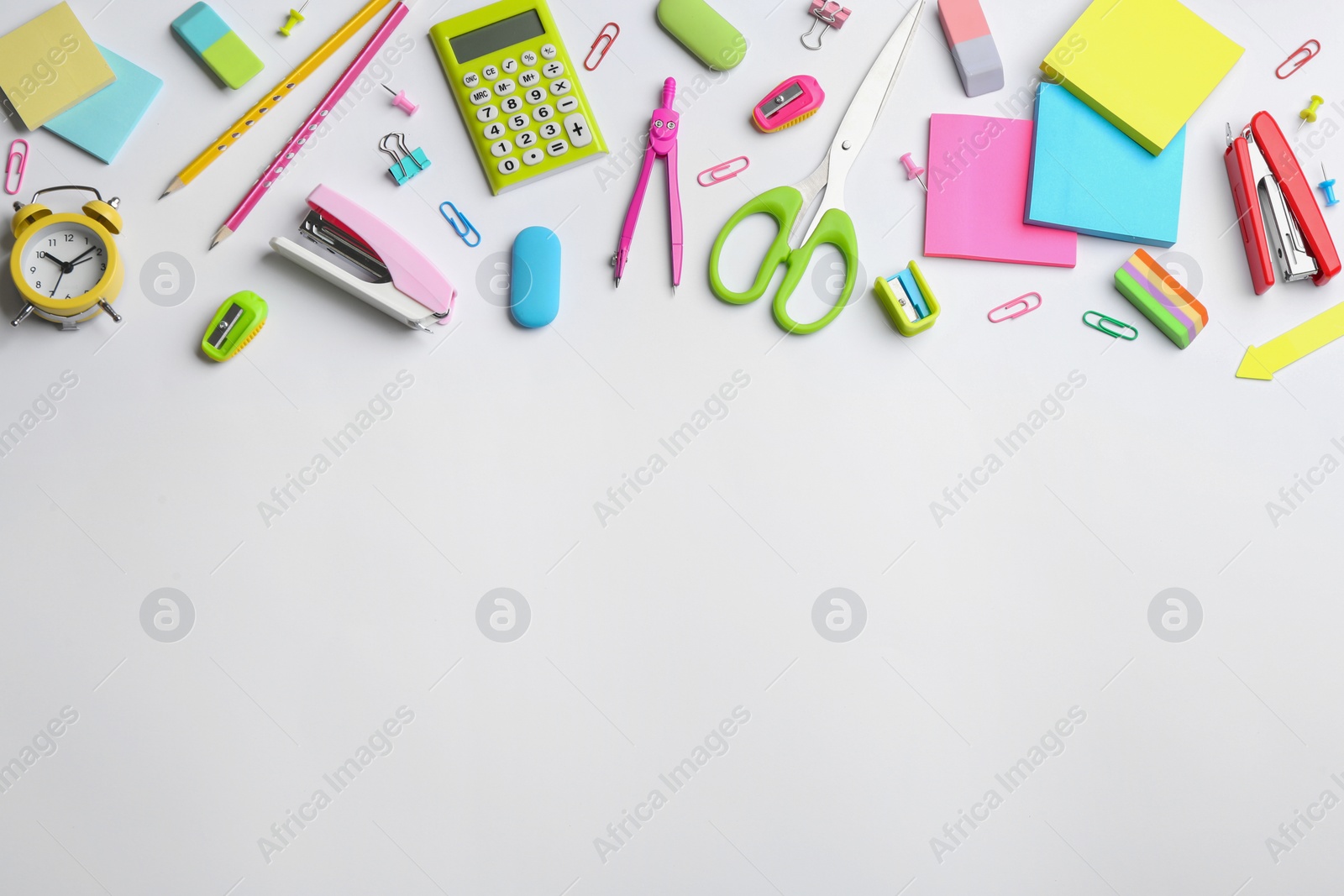 Photo of School stationery on white background, flat lay with space for text. Back to school