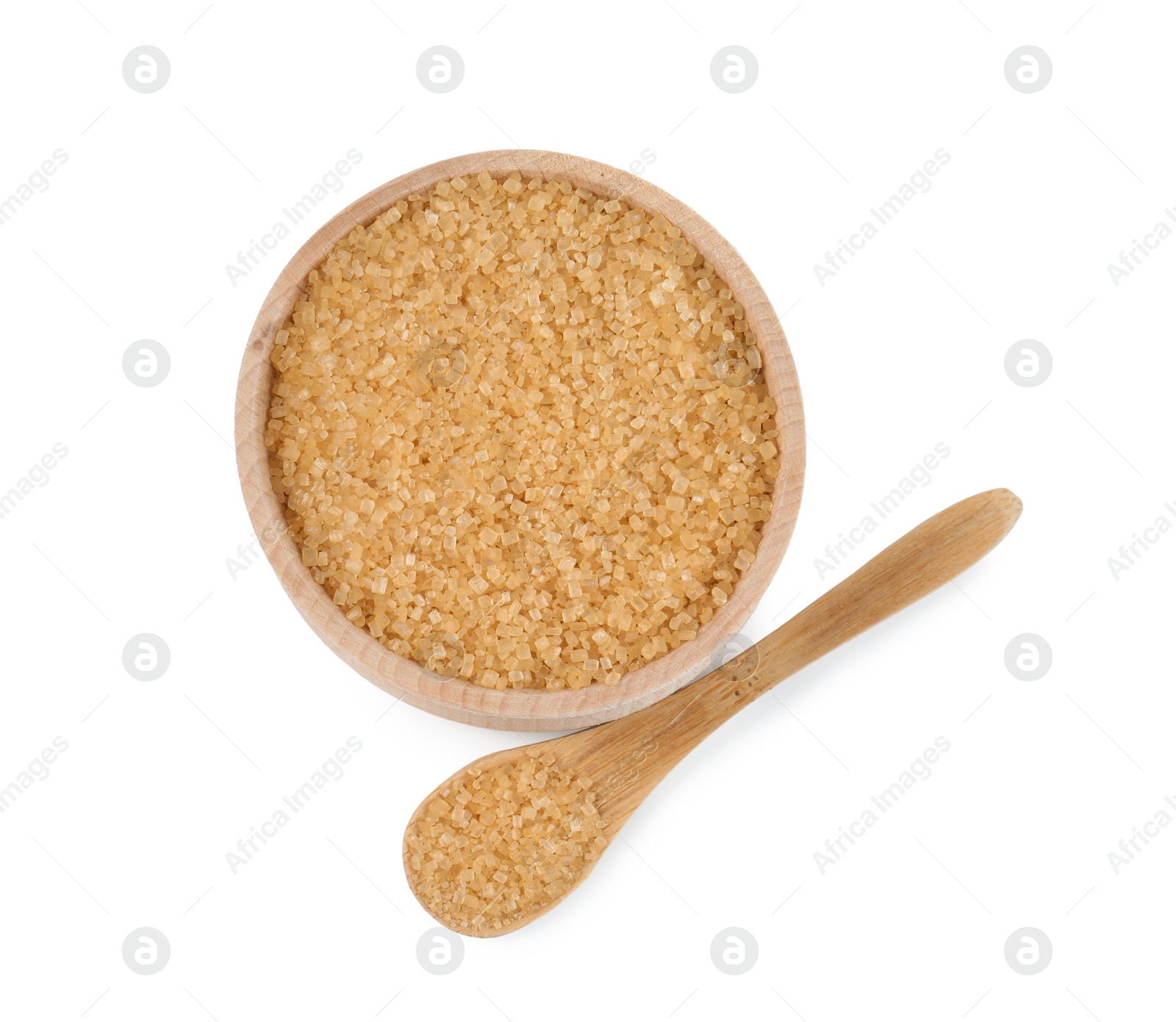 Photo of Brown sugar in bowl and spoon isolated on white, top view