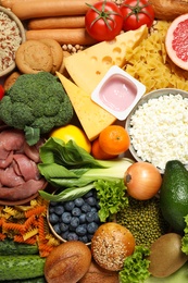 Photo of Different products as background, top view. Healthy food and balanced diet