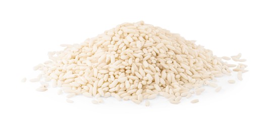 Photo of Pile of raw rice isolated on white