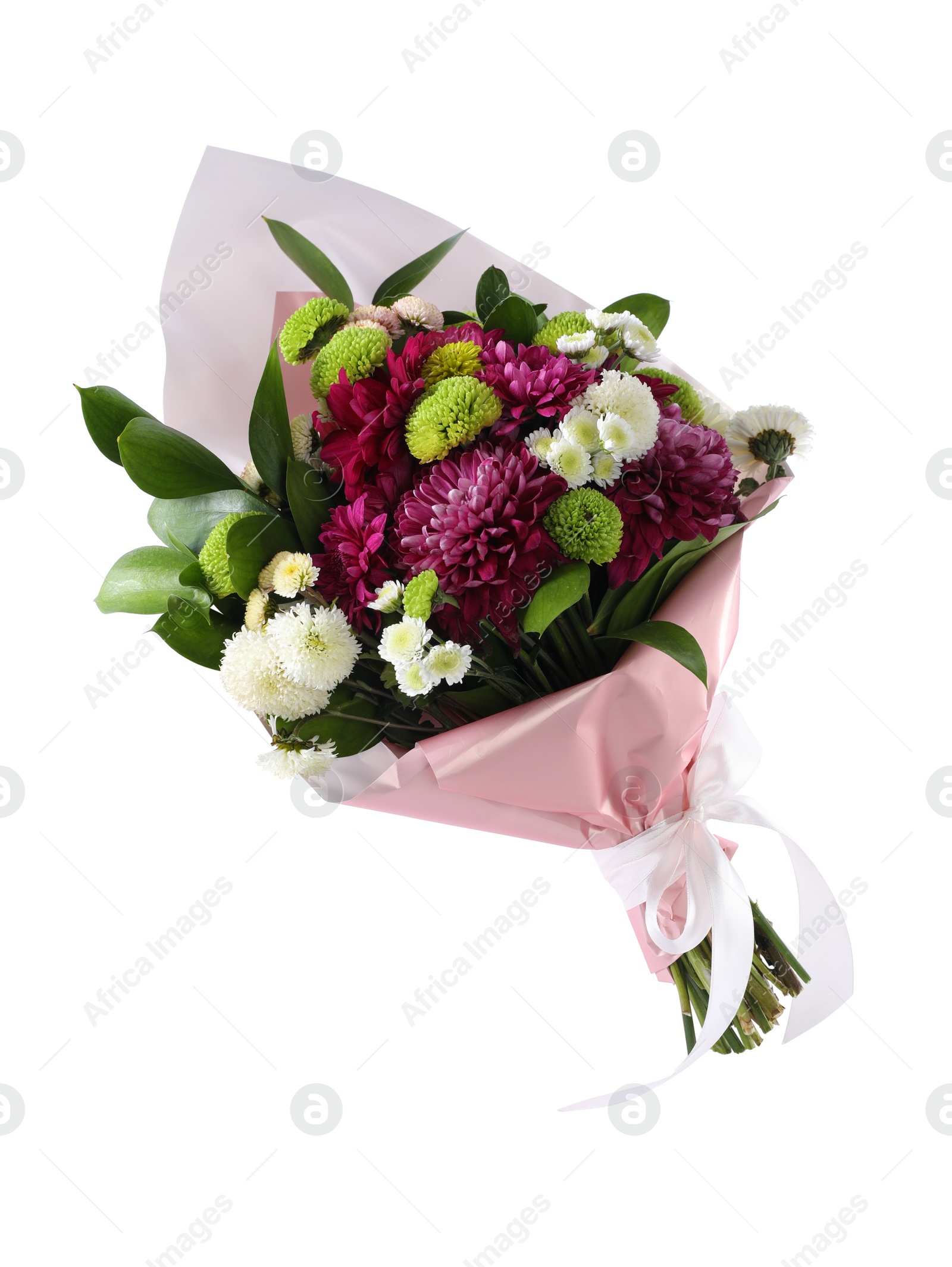 Photo of Bouquet of beautiful chrysanthemum flowers isolated on white