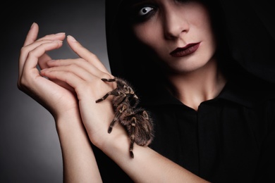 Mysterious witch with spooky spider on dark background, closeup