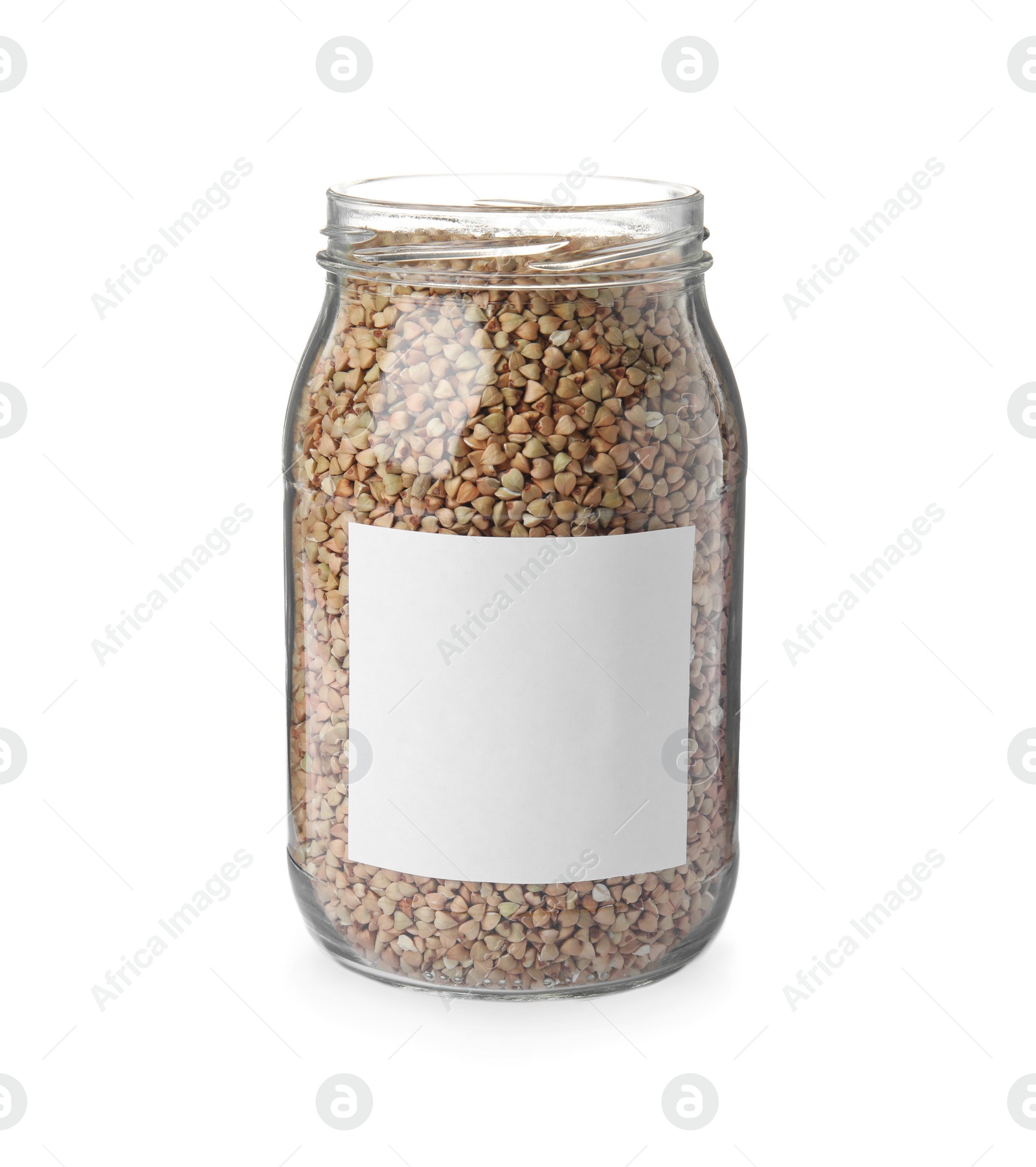 Photo of Organic green buckwheat in jar with blank label isolated on white