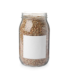 Photo of Organic green buckwheat in jar with blank label isolated on white