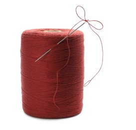 Red sewing thread with needle on white background