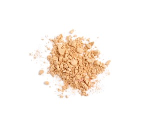 Pile of crushed face powder on white background, top view