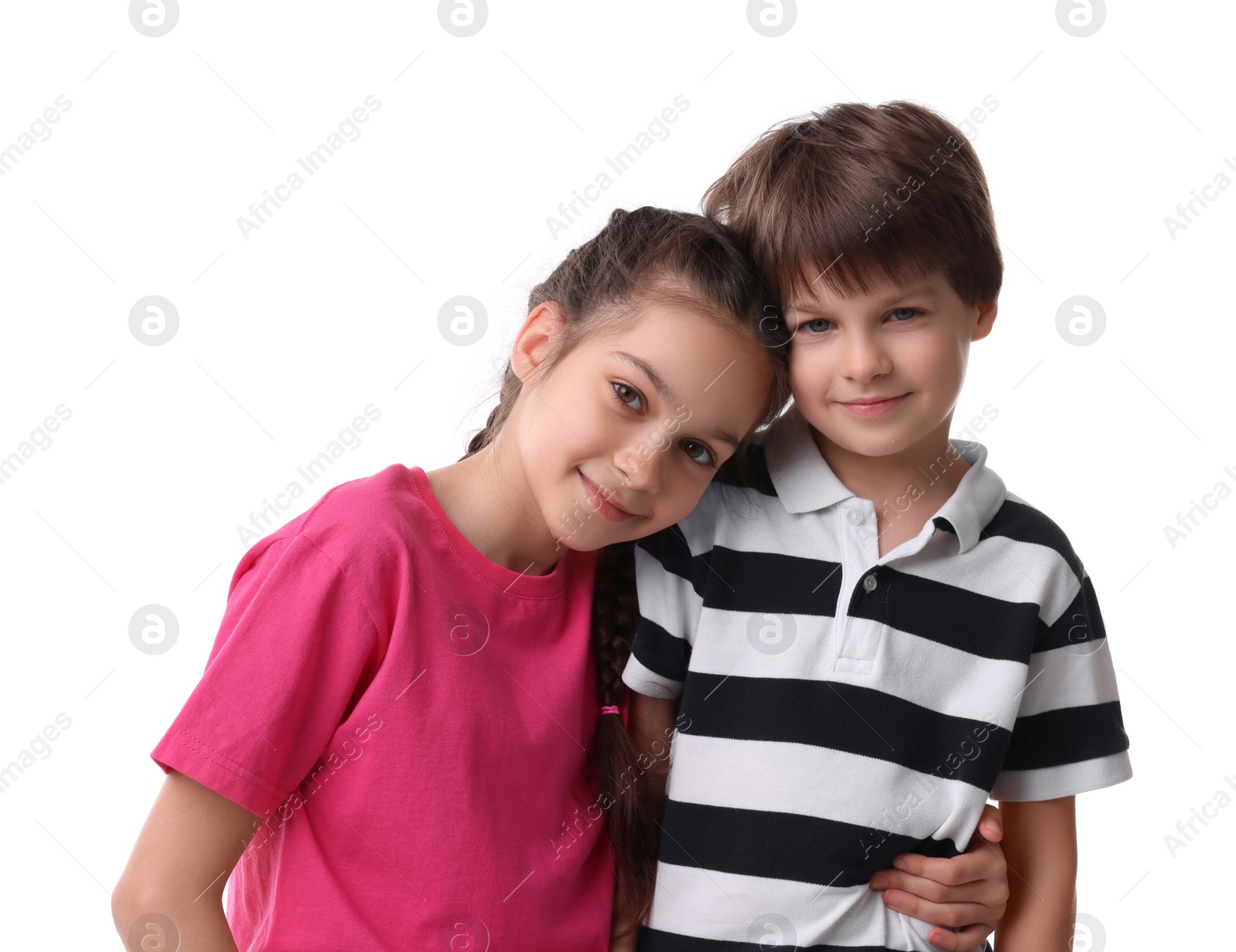 Photo of Happy brother and sister hugging on white background