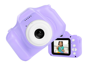 Image of Violet toy cameras on white background in collage, one with photo of cute little girl making slime 