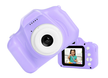 Violet toy cameras on white background in collage, one with photo of cute little girl making slime 