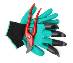 Photo of Pair of claw gardening gloves and secateurs isolated on white, top view