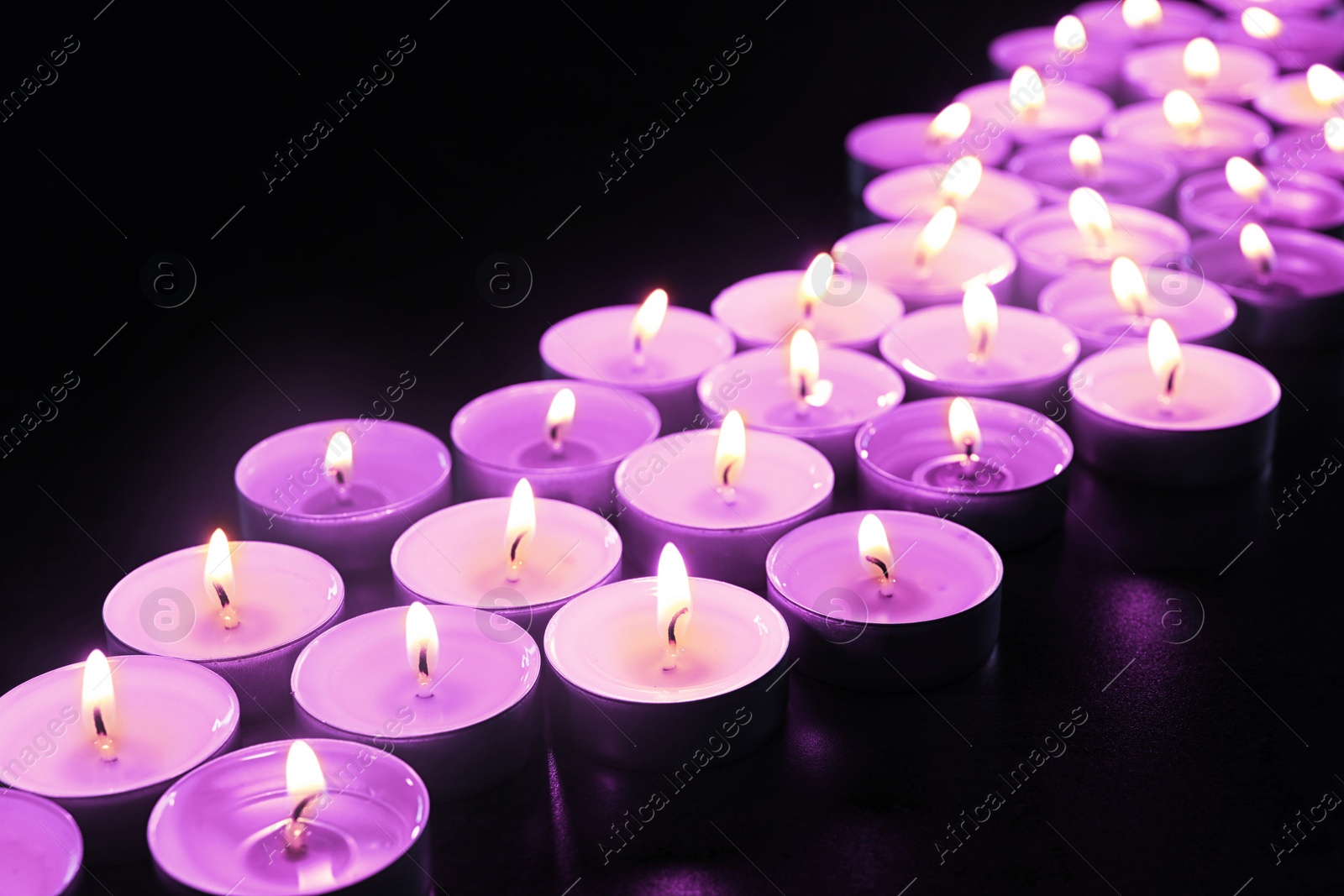 Image of Beautiful burning violet candles on black background. Funeral attributes