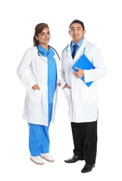 Full length portrait of Hispanic doctors isolated on white. Medical staff