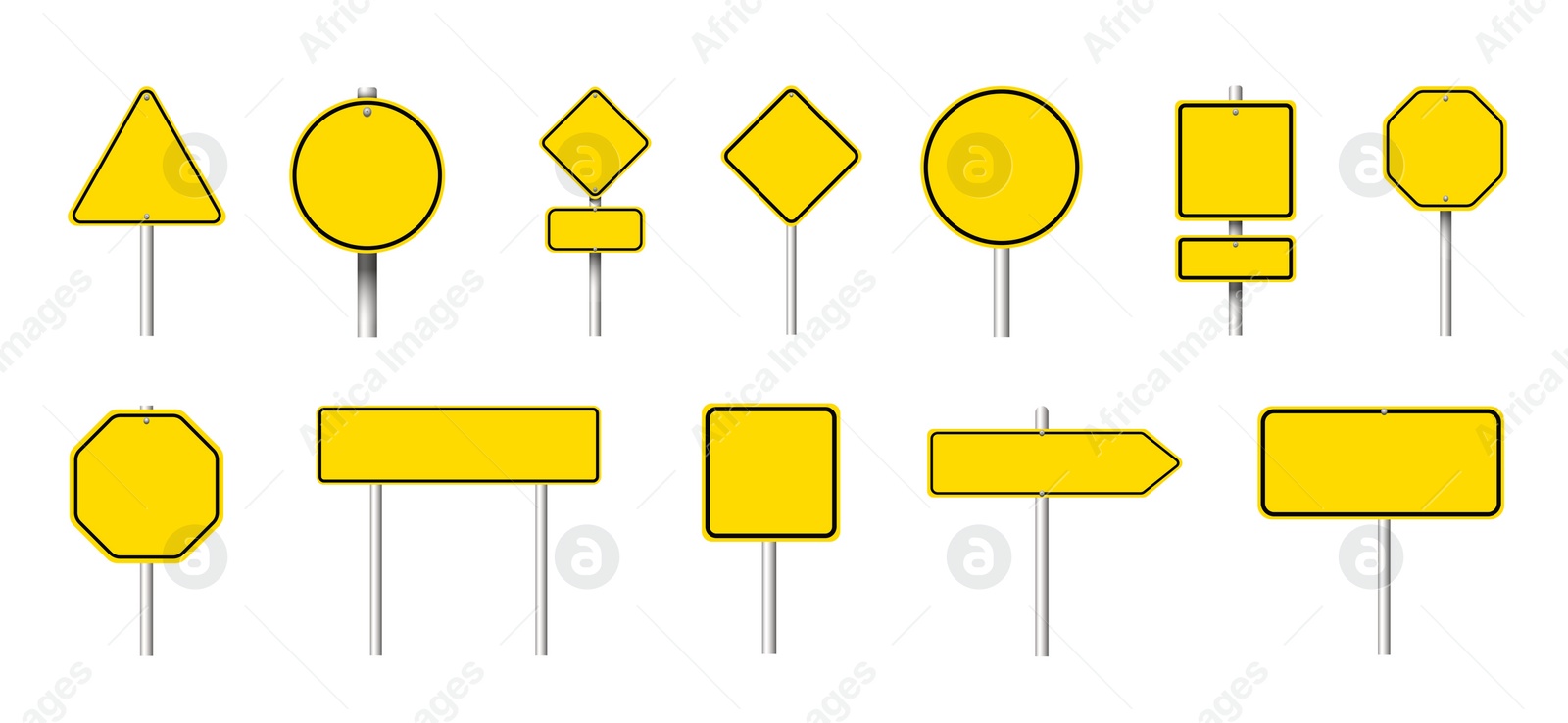 Image of Different yellow blank road signs on white background, collage design