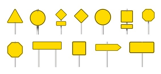 Different yellow blank road signs on white background, collage design
