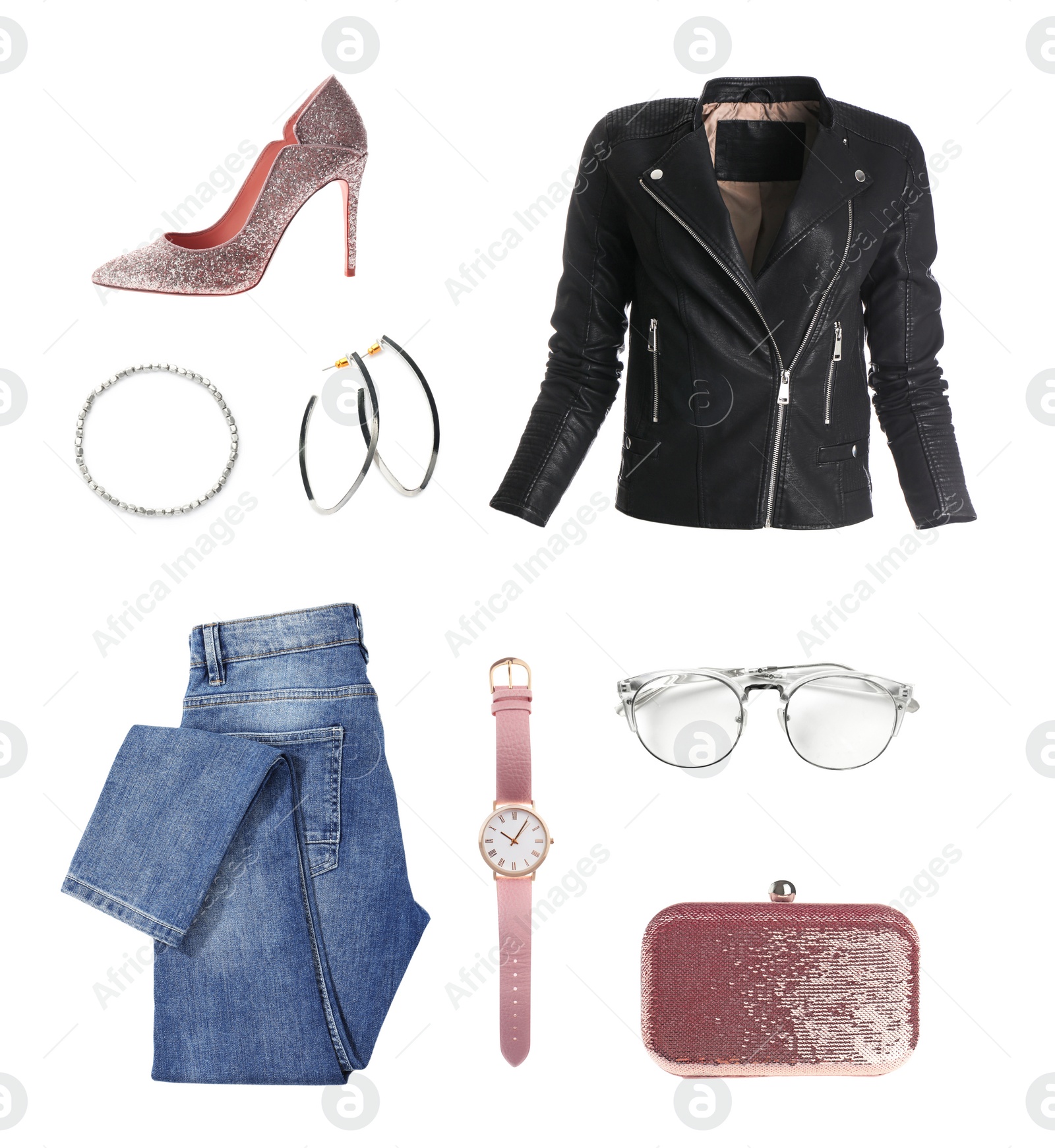 Image of Set of stylish female clothes and accessories on white background