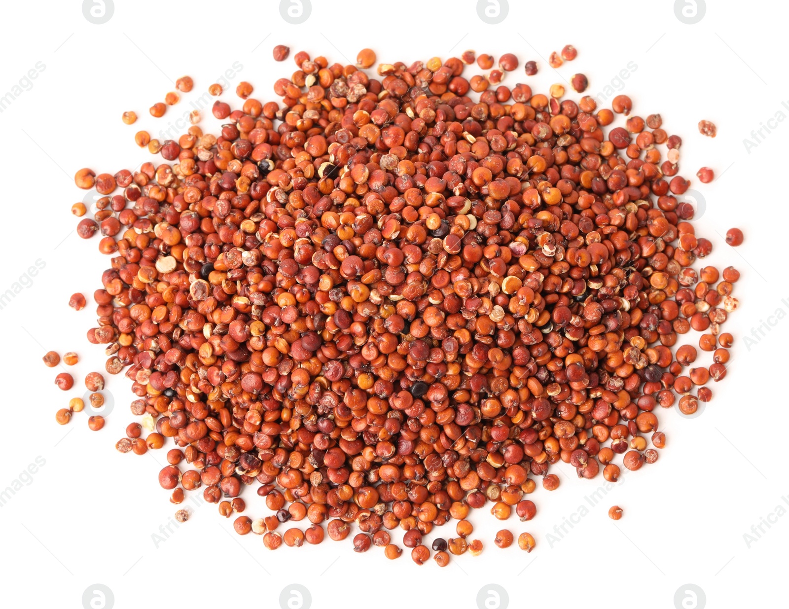 Photo of Pile of raw red quinoa seeds on white background, top view. Vegetable planting