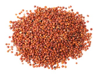 Pile of raw red quinoa seeds on white background, top view. Vegetable planting