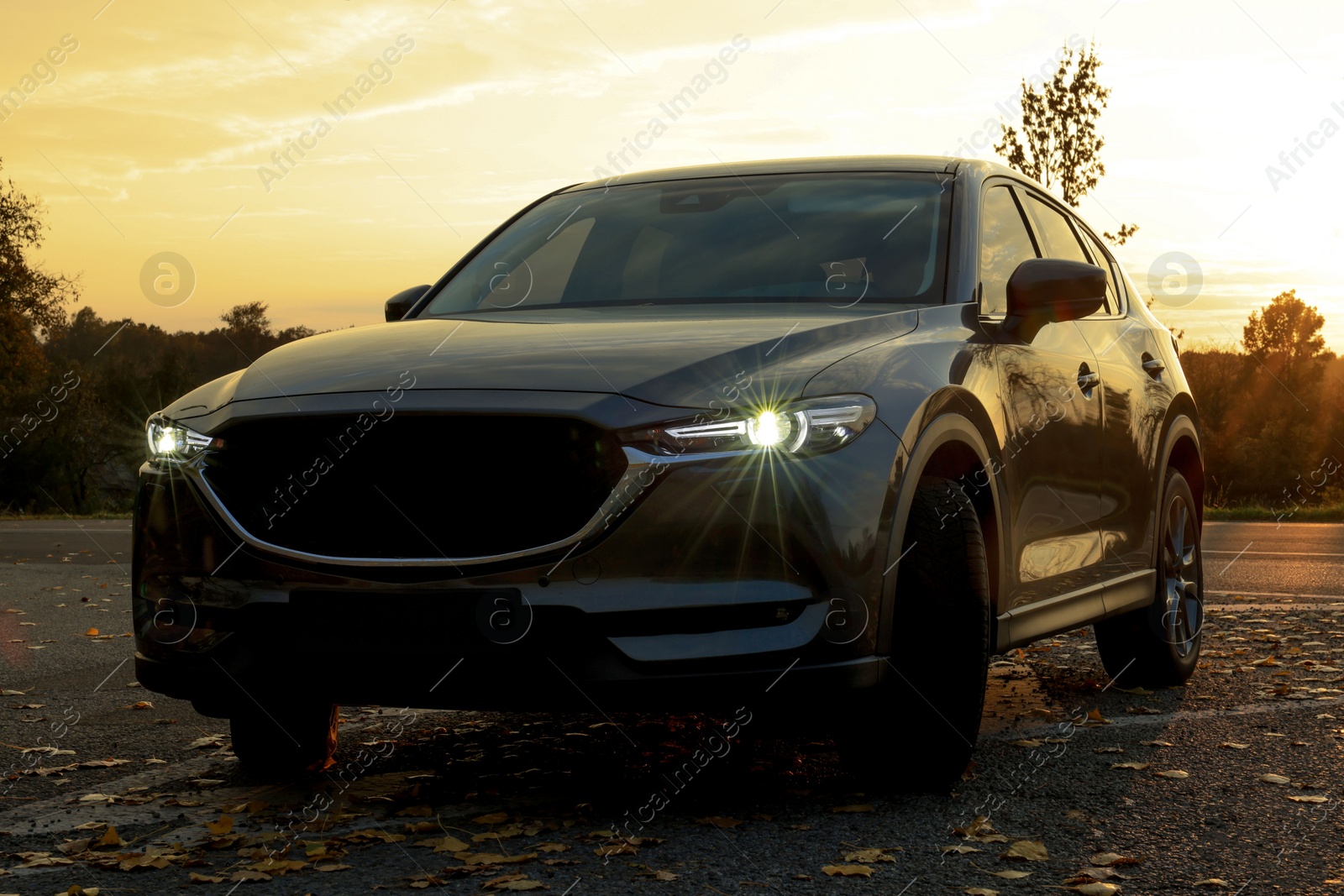 Photo of Black modern car parked on road at sunset