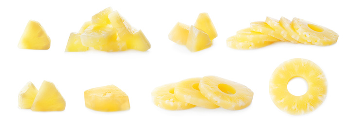 Image of Set of canned pineapple rings and pieces on white background, banner design 