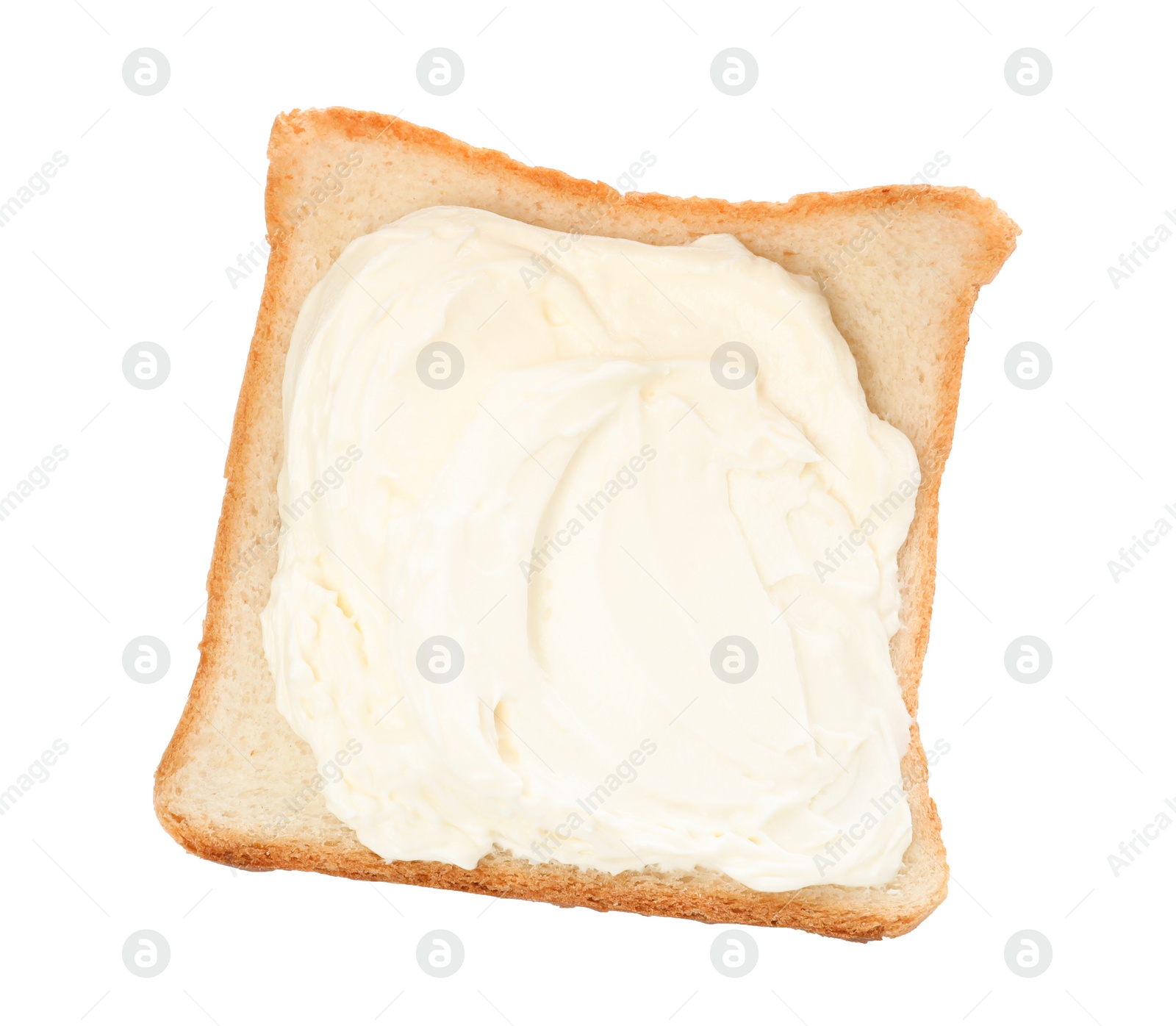 Photo of Slice of bread with tasty cream cheese isolated on white, top view