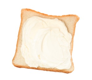 Photo of Slice of bread with tasty cream cheese isolated on white, top view