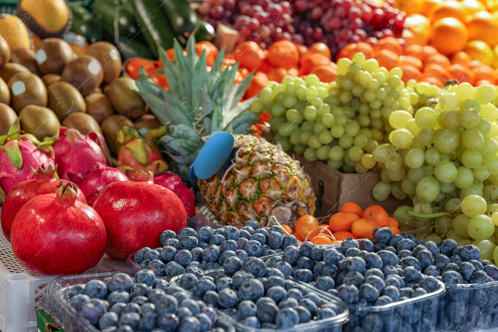 Photo of Many different fresh fruits on counter at wholesale market