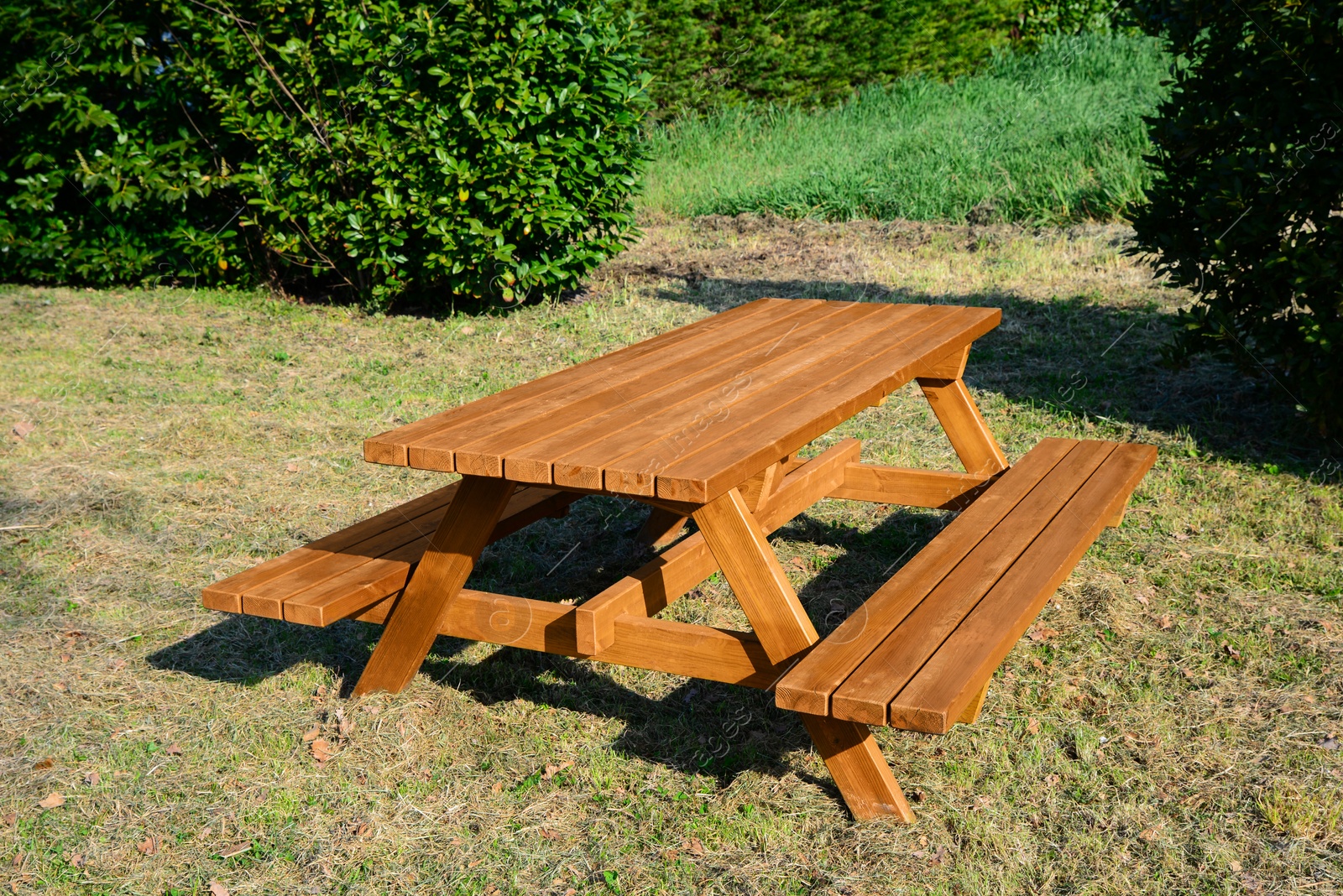 Photo of Empty wooden picnic table with benches in park on sunny day