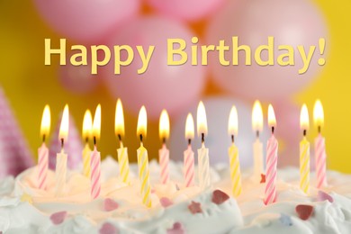 Happy Birthday! Delicious cake with burning candles on blurred background, closeup