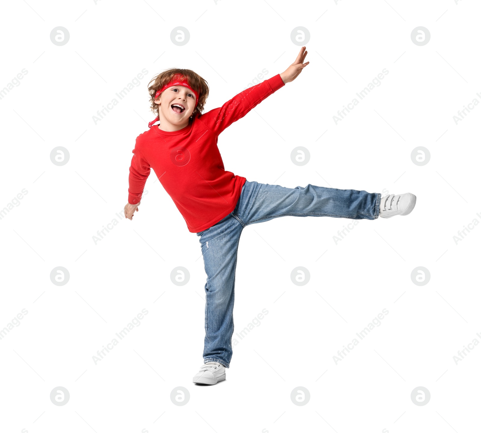 Photo of Happy little boy dancing on white background