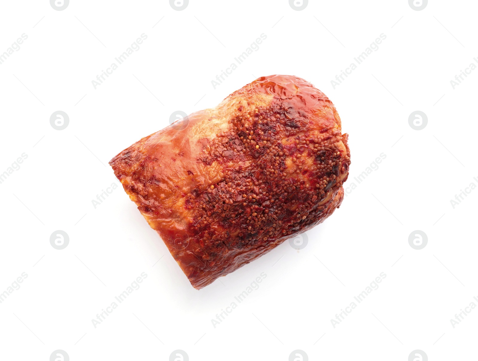 Photo of Cut ham on white background, top view. Meat product