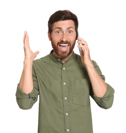 Photo of Emotional man talking on phone against white background