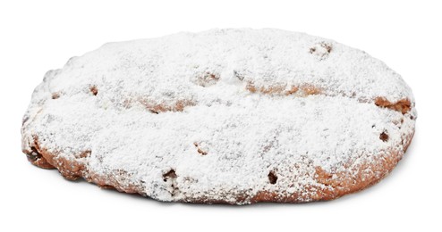 Photo of Delicious Stollen sprinkled with powdered sugar isolated on white