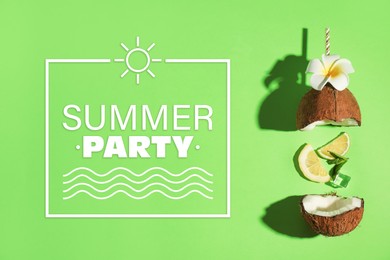 Image of Summer party. Creative image of cocktail made with coconut, lemon slice, mint, ice and straw on green background, top view 