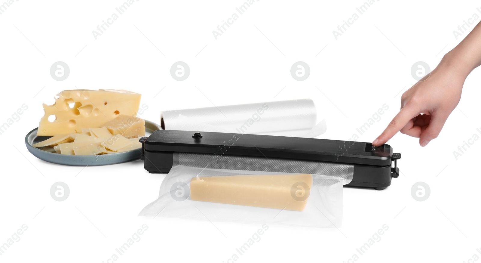 Photo of Woman packing cheese using vacuum sealer on white background, closeup