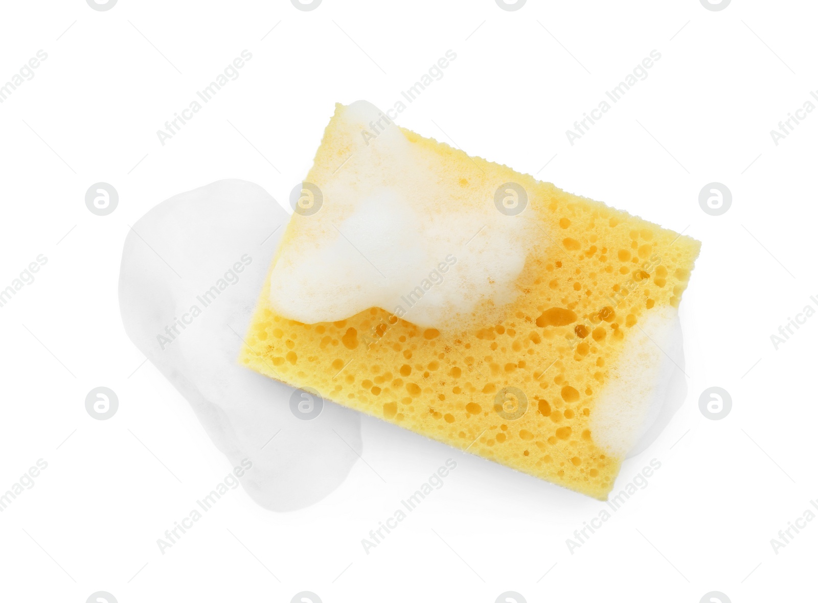 Photo of Yellow sponge with foam isolated on white, top view