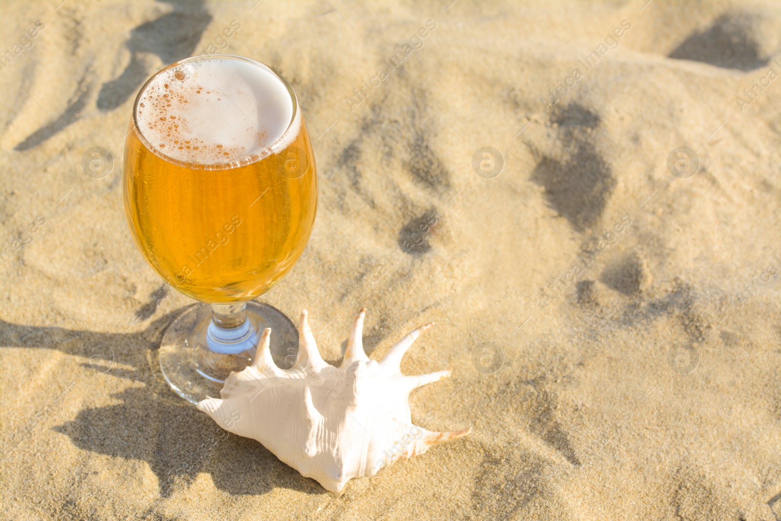 Photo of Glass of cold beer and seashell on sandy beach. Space for text