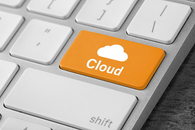 Cloud technology. Modern computer keyboard, closeup view