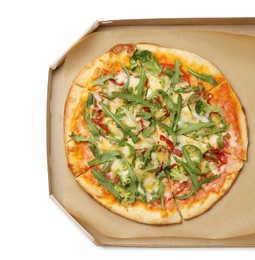 Photo of Delicious vegetarian pizza in cardboard box isolated on white, top view