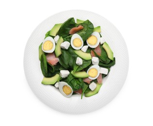 Photo of Delicious salad with boiled eggs, feta cheese and salmon isolated on white, top view