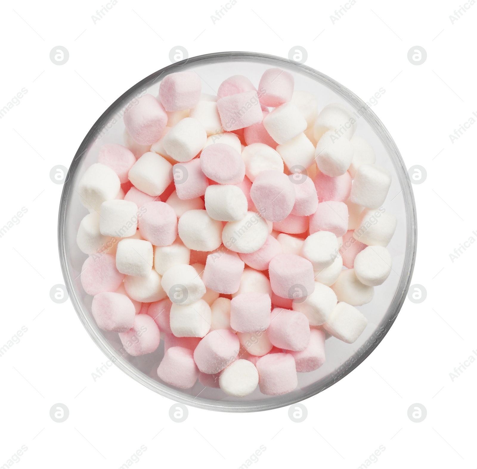 Photo of Glass bowl with delicious sweet marshmallow isolated on white, top view